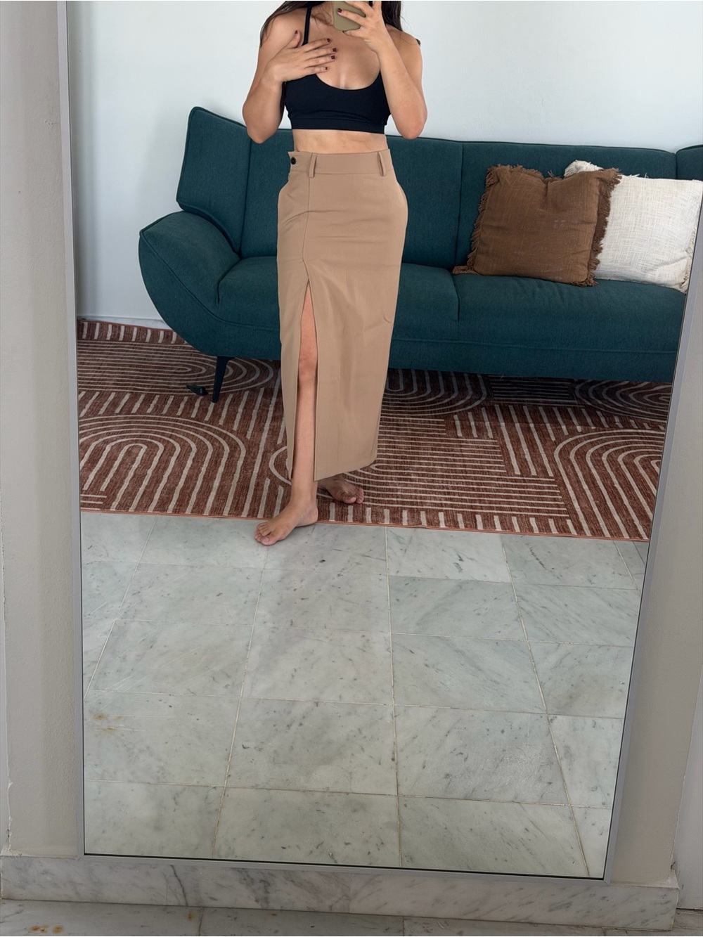 The Frankie Shop Tan High-Waist Midi Skirt with Front Slit